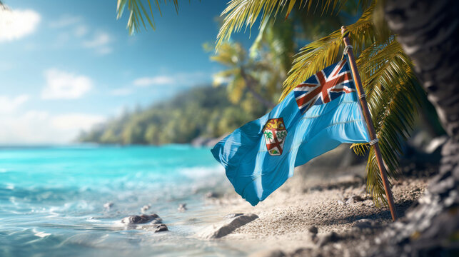 Fiji flag proudly waving against a beautiful beach backdrop during Independence Day celebrations