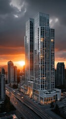 Obraz premium Aerial drone cityscape at golden hour modern urban view