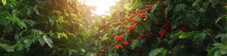 Obraz premium Sunlight filters through lush foliage, illuminating vibrant red