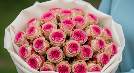 A beautiful, large bouquet of fresh bicolor roses with a creamy white outer layer and a vibrant hot pink center. The flowers are expertly arranged and wrapped in a soft