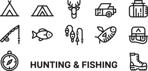 Illustration of hunting and fishing icons including tents, deer, car, and fishing equipment items