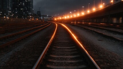 Curving railway tracks illuminated by city lights create dramati