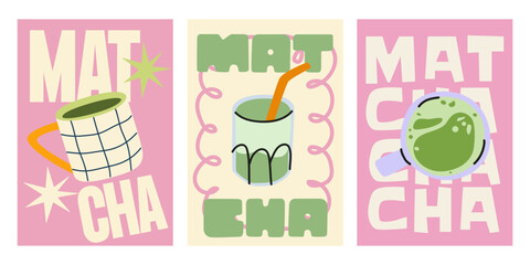 Fototapeta premium Matcha tea posters in retro groovy style. Bright vector illustrations with matcha latte, cups and modern text. Decor for wallpaper, walls and postcards. Vintage home drink posters set
