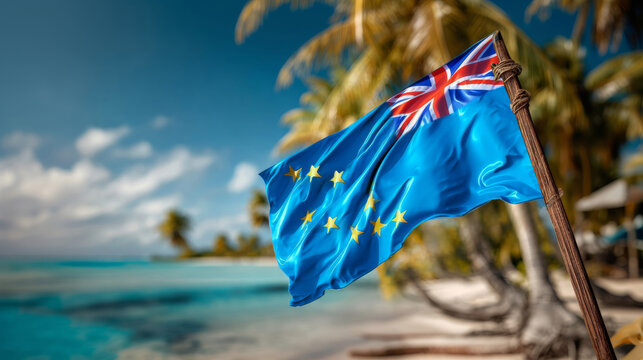 Tuvalu flag waving proudly on Independence Day at a beautiful tropical beach