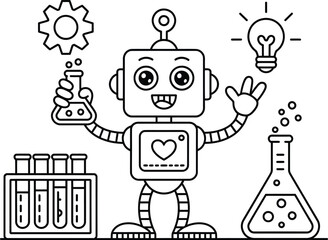Cartoon Robot Science Icon – Cute AI Character with Lab Elements, Flask, Gear, and Light Bulb for STEM and Tech Themes