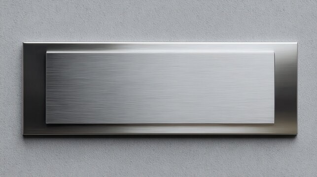 Elegant name plate with polished metal frame on neutral gray backdrop for corporate branding.