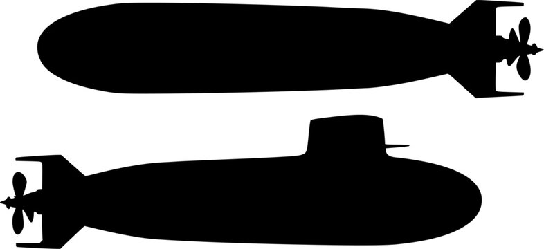 Silhouette depiction of three stacked torpedoes with visible propellers and cylindrical bodies design