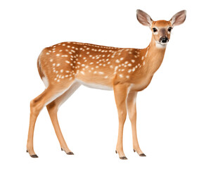 Fototapeta premium Adorable Spotted Fawn Isolated on Black Background, Gracefully Standing and Looking Forward isolated on a transparent background