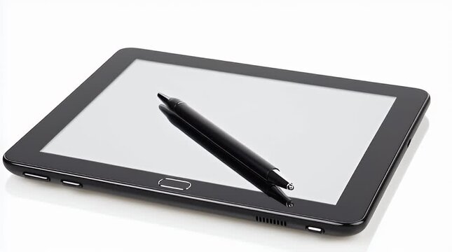 Professional isolated video on white background of modern tablet computer with stylus shown as sophisticated digital device