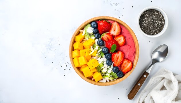 A rustic still life of fresh tropical fruits including oranges, apples, grapes, and bananas arranged on a wooden table with natural light, vibrant and refreshing. - Powered by Adobe