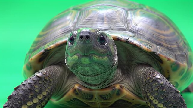 Curious turtle with patterned shell on vibrant green background, looking directly at camera. Reptile pet studio shot.