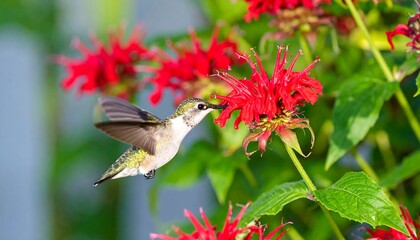 A hummingbird hovers near vibrant red flowers, showcasing a delicate dance between nature's beauty.