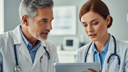Experienced male doctor and female doctor discussing medical data on a digital tablet - Powered by Adobe
