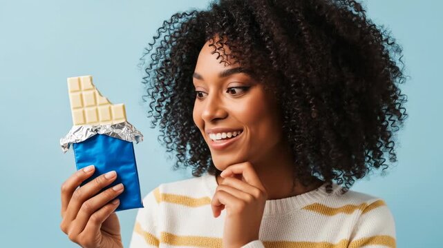 Happy african american woman with curly hair holding a bitten white chocolate bar