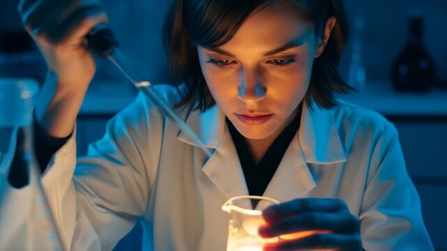 Focused female scientist in lab coat conducting experiment with pipette and glowing beaker - Powered by Adobe