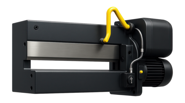 Electromechanical guillotine with a reinforced cutting beam and dual-speed motor for versatile operations in a metal fabrication facility