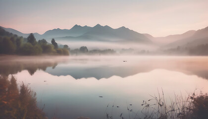Fototapeta premium Misty lake reflecting mountains at dawn, creating a serene and tranquil landscape.