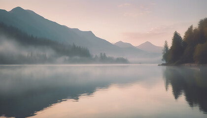 Fototapeta premium A tranquil lake scene with mountains in the background, shrouded in a gentle mist.