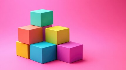 Naklejka premium Stacked Colorful Cubes Forming Geometric Structure on Pink Background in a Minimalist Display