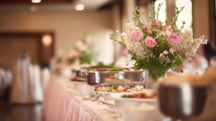 Fototapeta premium An elegant wedding buffet table, softly lit with a focus on the food arrangement.