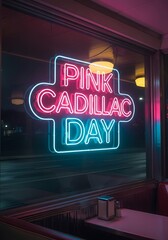 Neon sign reflecting pink cadillac day in retro diner setting at night