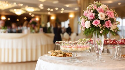 An elegant wedding buffet table, softly lit with a focus on the food arrangement.