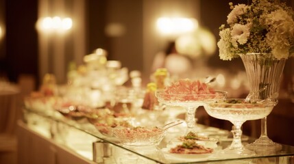 An elegant wedding buffet table, softly lit with a focus on the food arrangement.