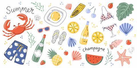 Summer vacation hand drawn illustration with crab fruits champagne and beach items