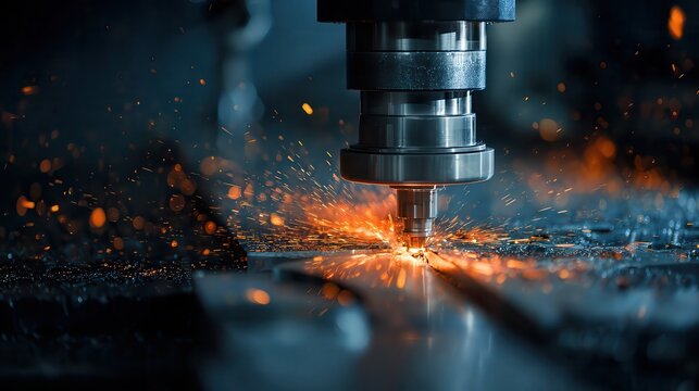 Precision metalworking sparks fly as a CNC machine cuts a metal workpiece. The intense heat and precision create a visually stunning image.
