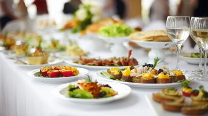 An elegant wedding buffet table, softly lit with a focus on the food arrangement.