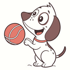 A delightful cartoon puppy with cute brown floppy ears, joyfully playing with a vibrant red and white striped ball, illustrating the simple fun and happiness of a beloved pet.