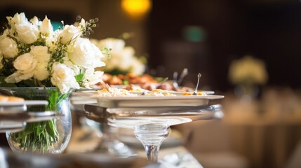 An elegant wedding buffet table, softly lit with a focus on the food arrangement.
