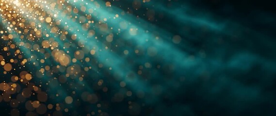 Anamorphic video Teal and Gold Abstract Light Beams with Sparkling Particles. Ideal for presentations, website banners, and designs related to luxury, fantasy, digital art.