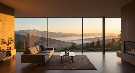 Fototapeta premium Modern living room with panoramic mountain view at sunrise, serene luxury escape