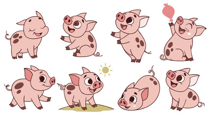 Eight Adorable Cartoon Piglets in Various Poses.