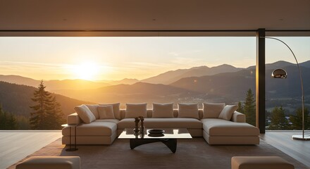 Fototapeta premium Modern living room, minimalist interior, sunset view, mountain landscape
