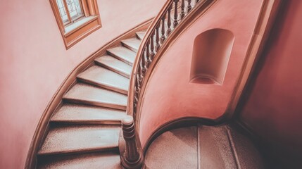 Elegant spiral staircase with wooden banister and subtle pink hues offers classic design