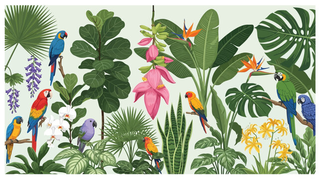 Colorful parrots perched among tropical plants and flowers.Nature background. Tropical green leaves, exotic plants, flowers, botanical border, floral banner, card design