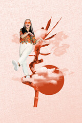 Banner image pop vertical collage of happy korean girl stand sakura tree bloom branch vietnamese...