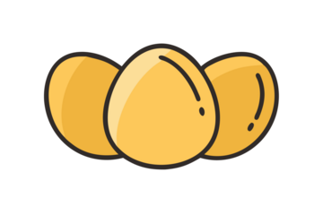 Three golden brown chicken eggs with a simple outline and shadow on a black background