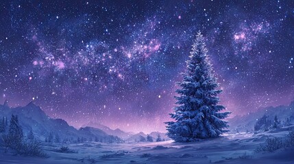 Naklejka premium Snow covered Christmas tree under starry night sky with glowing galaxy in magical winter mountain landscape