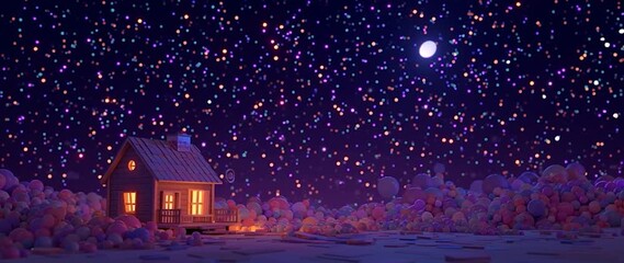 Anamorphic video Whimsical Night Scene with Crescent Moon and Stars. Dreamy Moonlight Village. - Powered by Adobe
