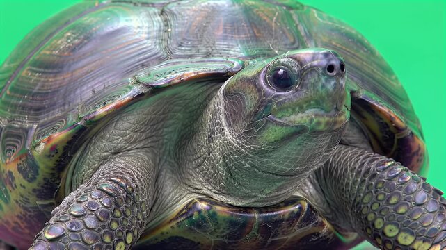 Close-up portrait of a captivating turtle showcasing its textured shell and alert eyes against a vibrant green background