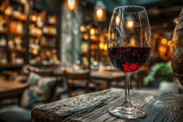 Red wine in a crystal glass on a rustic table. The background wine cellar is softly blurred, bathed in warm, sophisticated light.