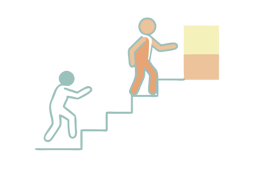 Two stylized figures climbing stairs towards a bright doorway symbolizing progress and opportunity