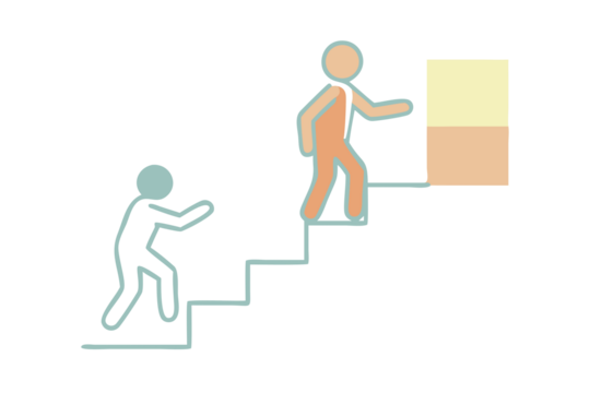 Two stylized figures climbing stairs towards a bright doorway symbolizing progress and opportunity