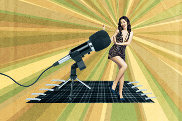 Trendy art creative full zine photo collage of happy girl guy dance weekend karaoke event interview...