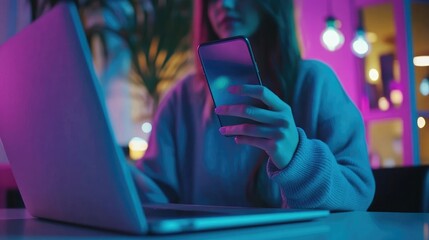 Close up, business woman using mobile phone with laptop computer on office table. Woman using smartphone for online shopping and internet banking, social media marketing