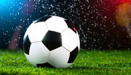 Fototapeta premium A soccer ball sits on a lush green field, glistening with water droplets, under a dramatic backdrop of falling rain.