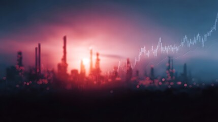 Fototapeta premium Oil price graph overlay on a futuristic refinery skyline